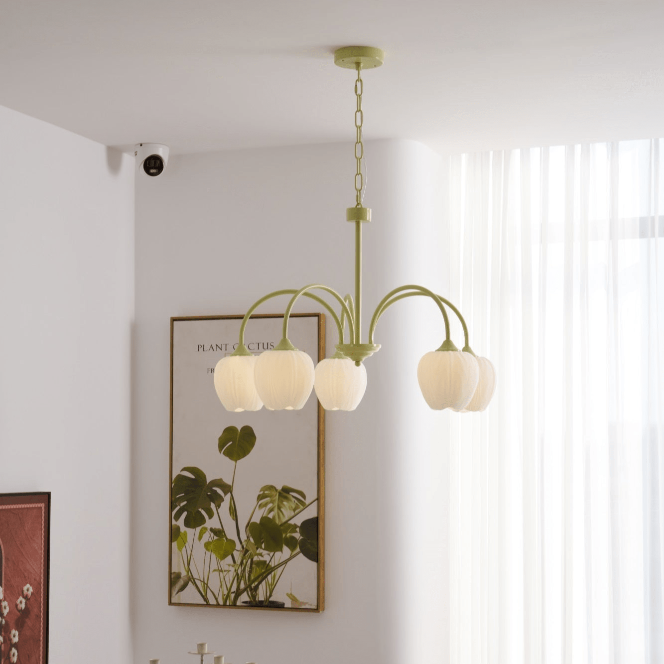 White glass tulip chandelier against a neutral backdrop