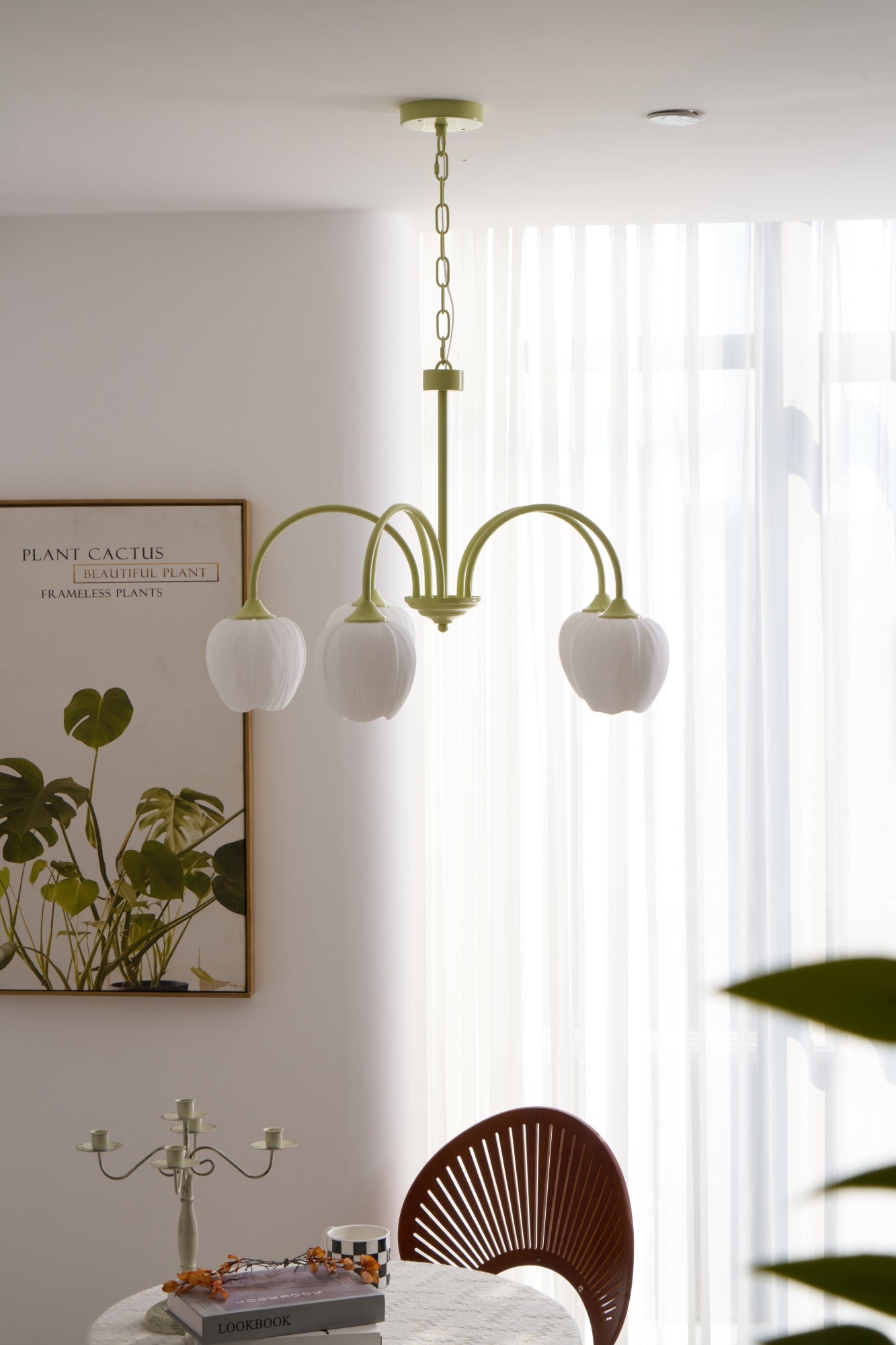 Tulip Chandelier, White Glass Tulip Shades, Matcha Green Frame, E26