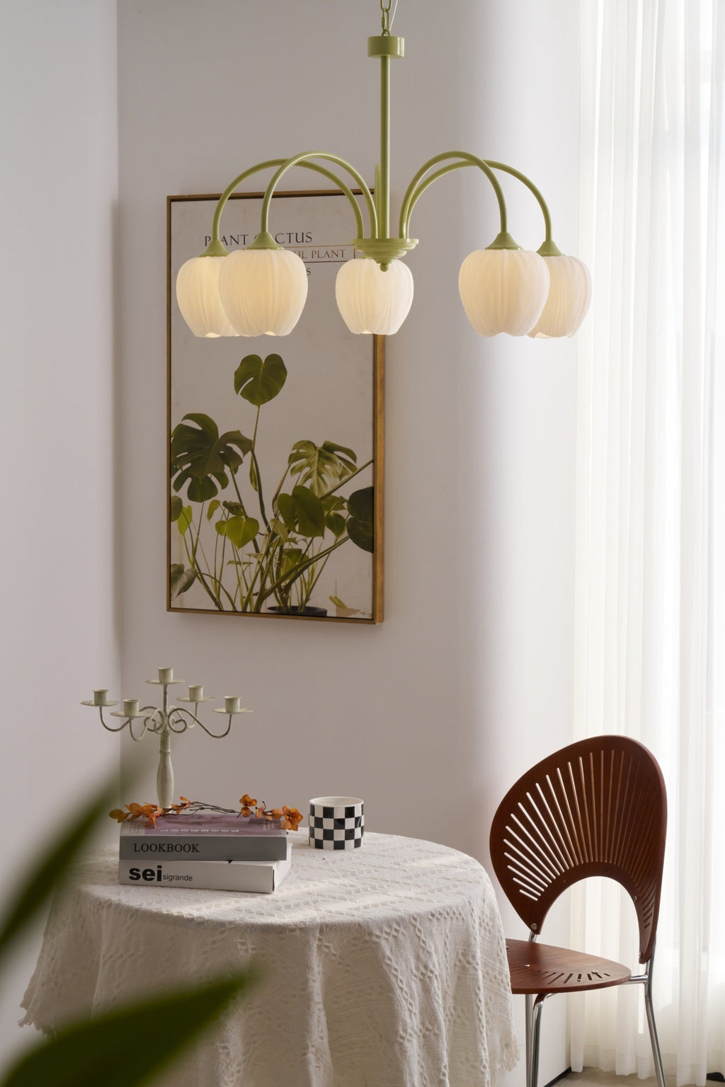 Tulip Chandelier, White Glass Tulip Shades, Matcha Green Frame, E26