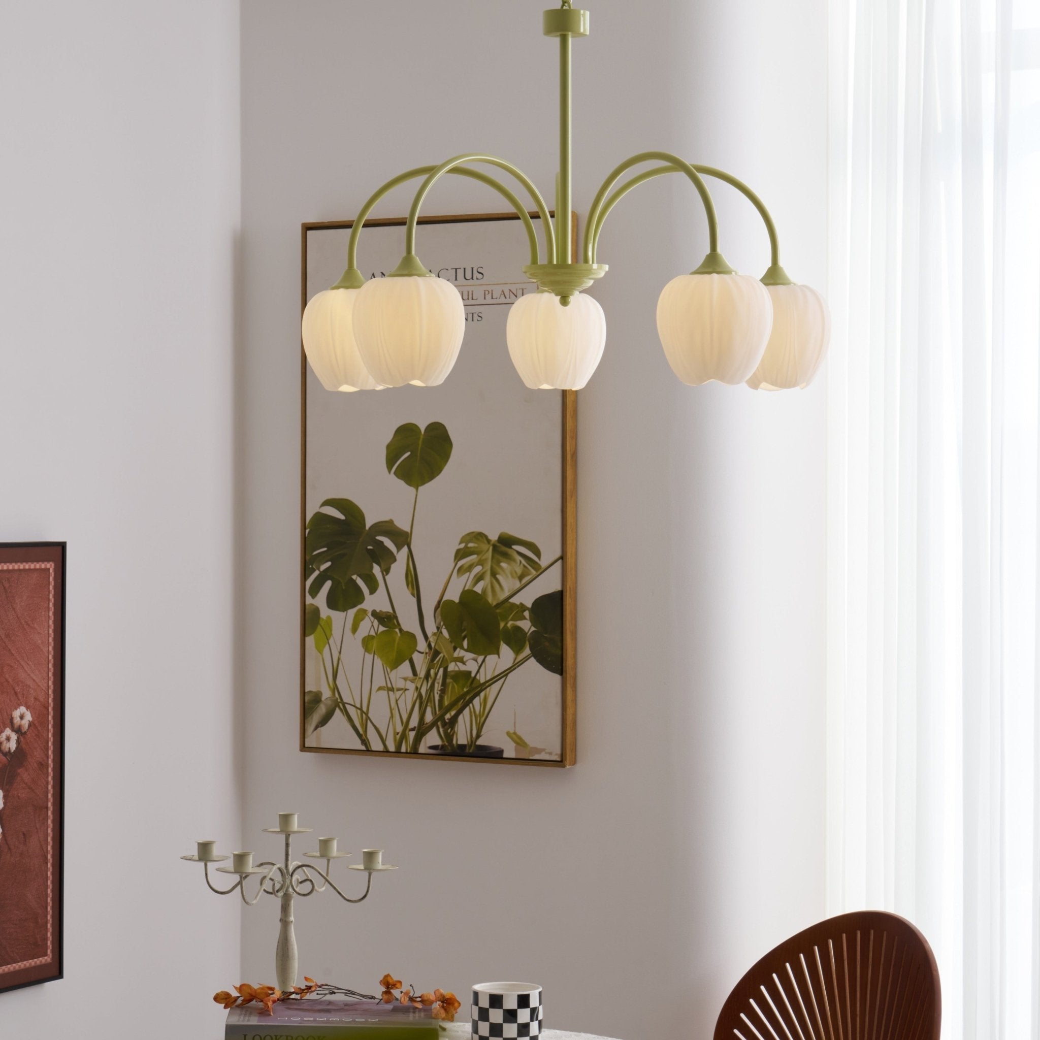 Matcha green tulip chandelier in a bright natural room