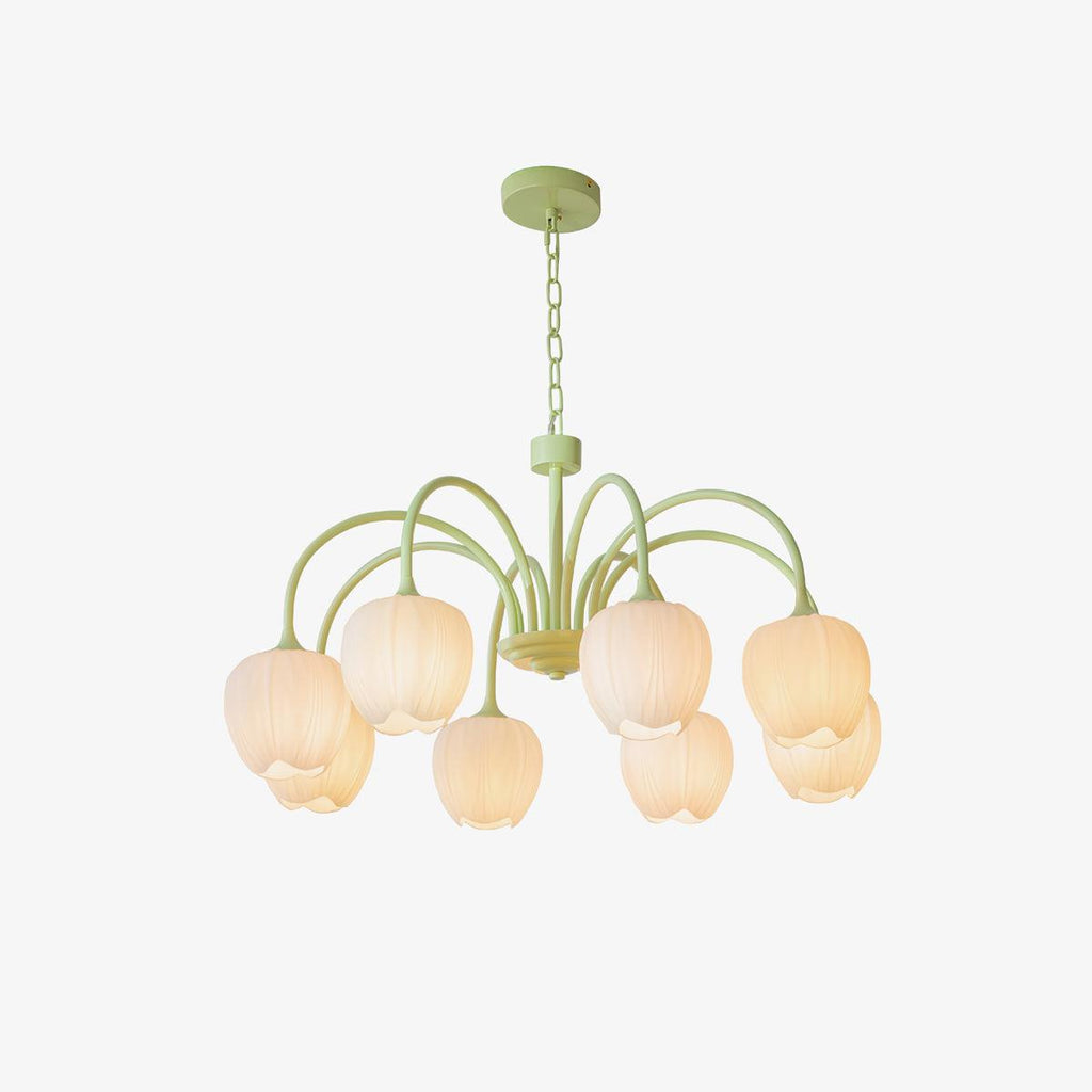 Tulip Chandelier, White Glass Tulip Shades, Matcha Green Frame, E26