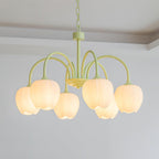 Tulip Chandelier, White Glass Tulip Shades, Matcha Green Frame, E26