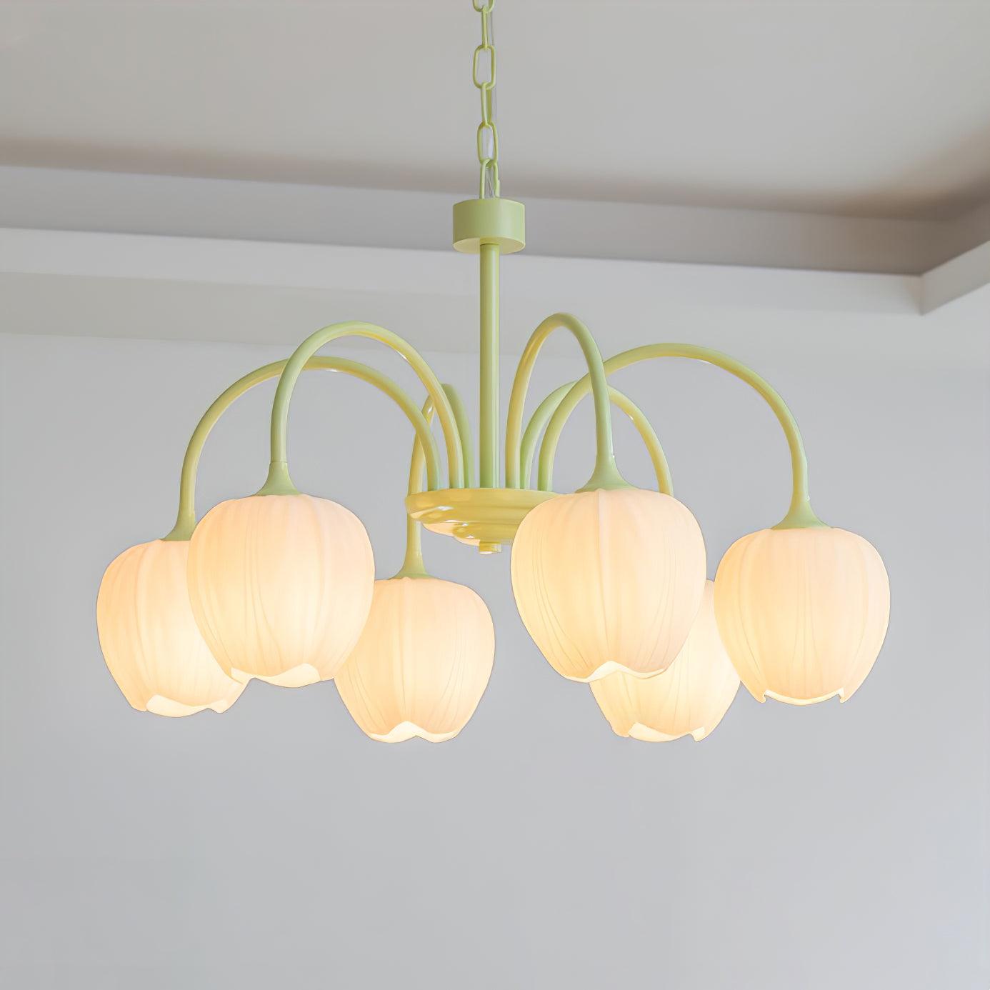 Tulip Chandelier, White Glass Tulip Shades, Matcha Green Frame, E26