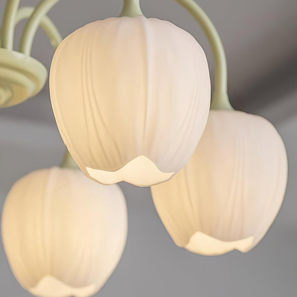 Tulip Chandelier, White Glass Tulip Shades, Matcha Green Frame, E26
