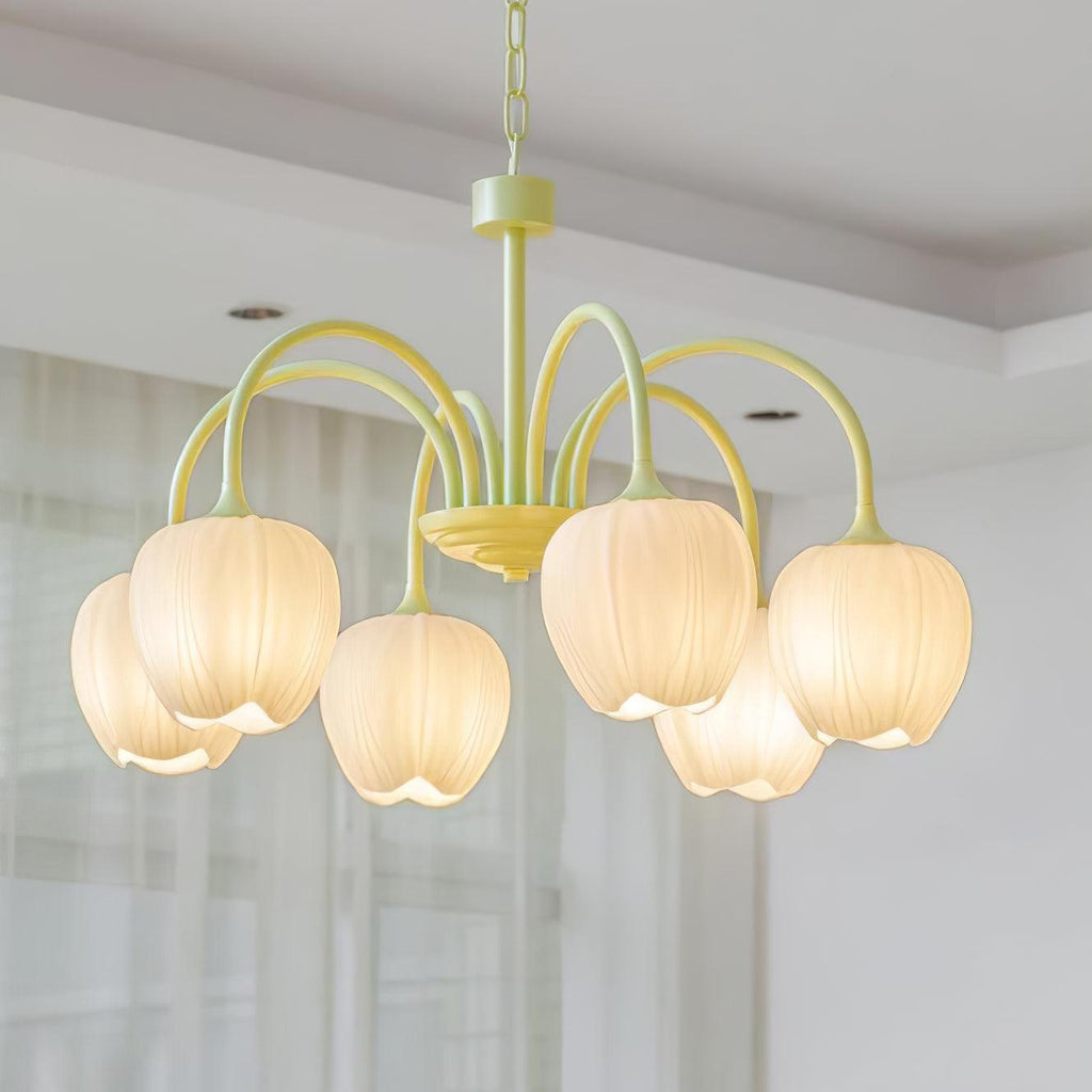 Tulip Chandelier, White Glass Tulip Shades, Matcha Green Frame, E26