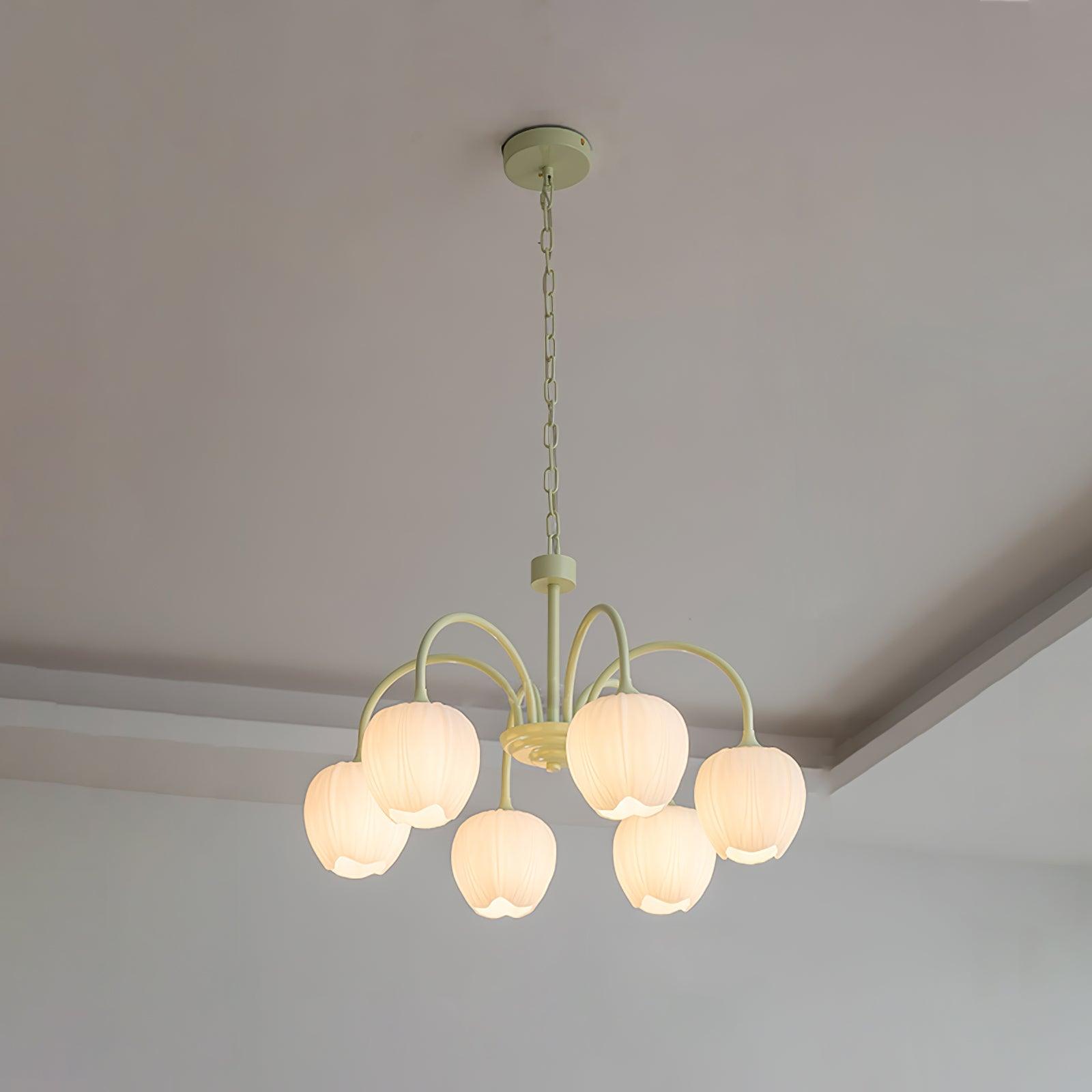 Tulip Chandelier, White Glass Tulip Shades, Matcha Green Frame, E26