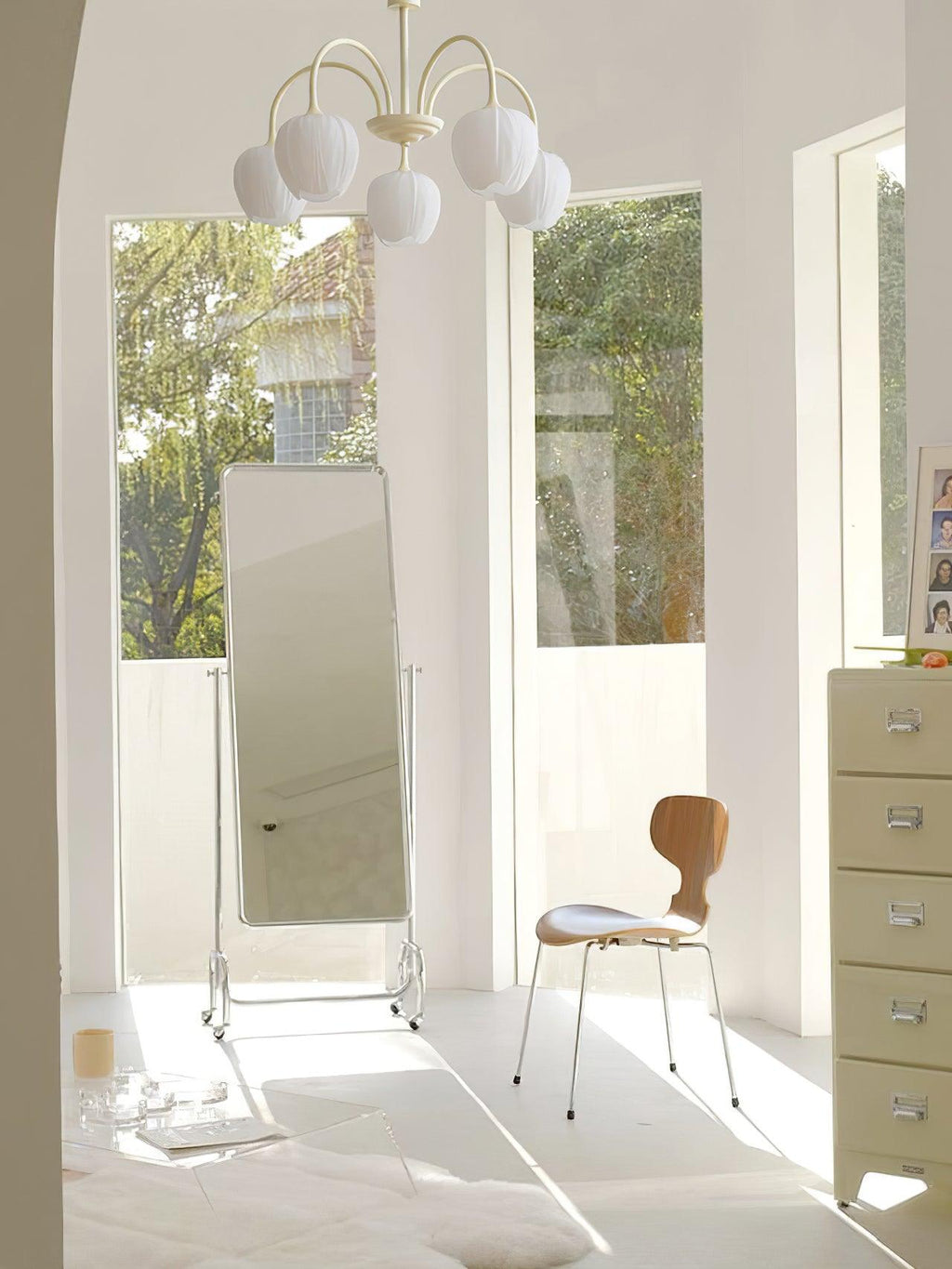 Tulip Chandelier, White Glass Tulip Shades, Matcha Green Frame, E26