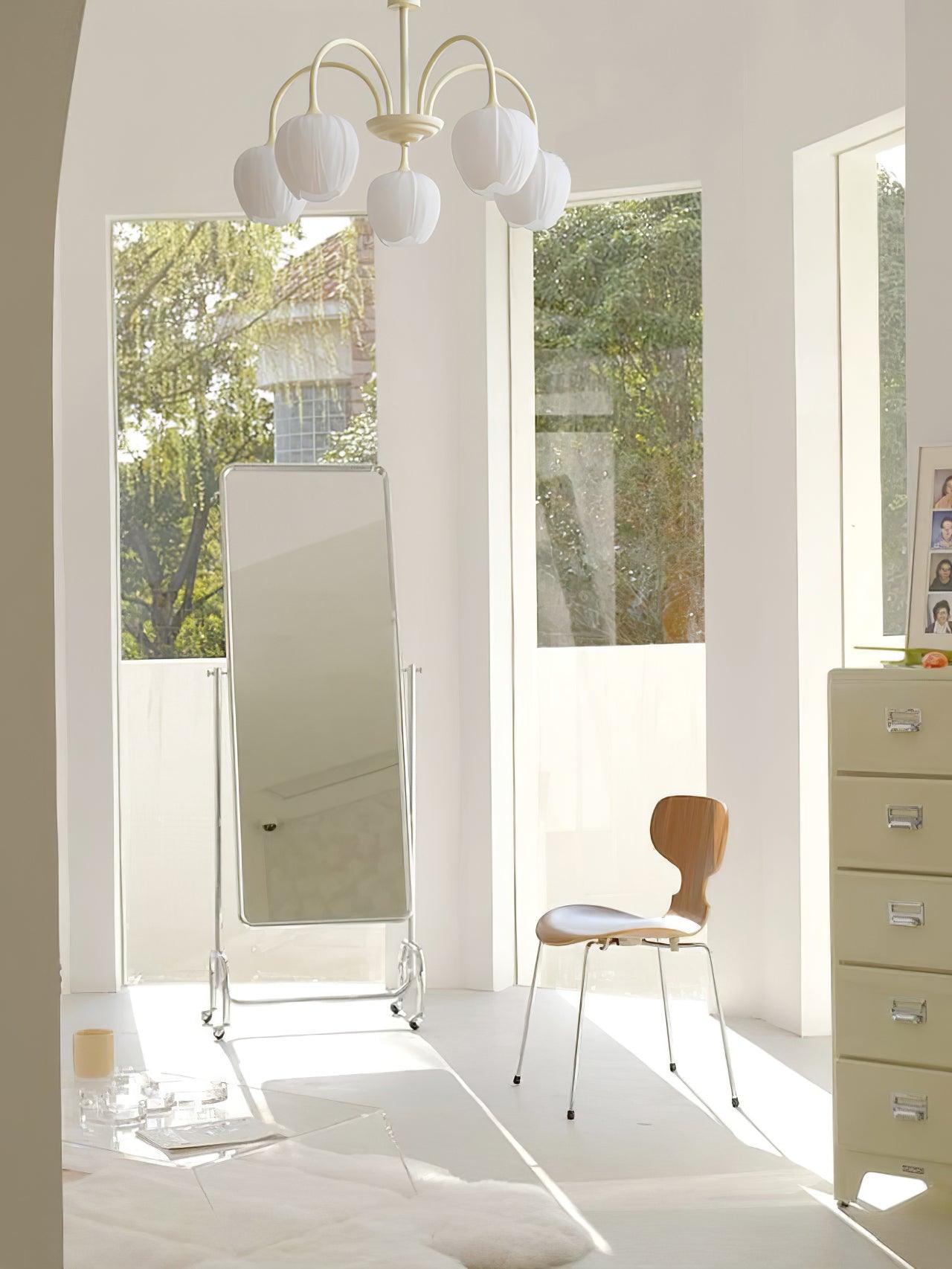 Tulip Chandelier, White Glass Tulip Shades, Matcha Green Frame, E26