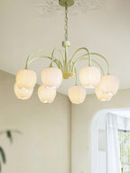 Tulip Chandelier, White Glass Tulip Shades, Matcha Green Frame, E26