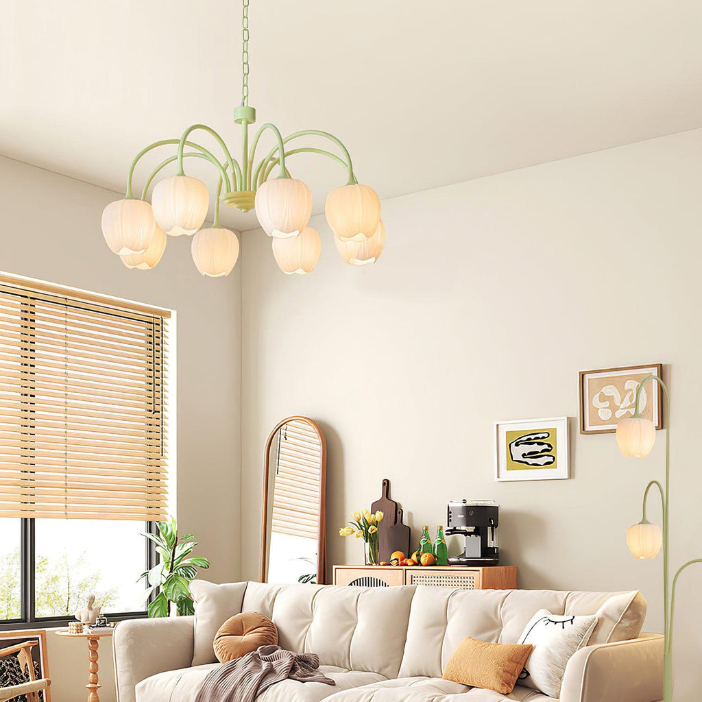 Tulip Chandelier, White Glass Tulip Shades, Matcha Green Frame, E26