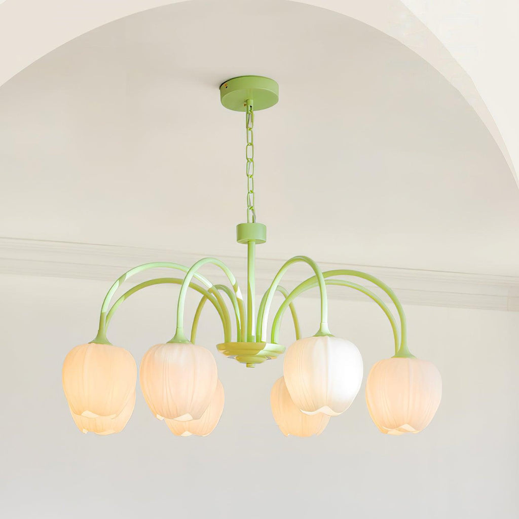 Tulip Chandelier, White Glass Tulip Shades, Matcha Green Frame, E26