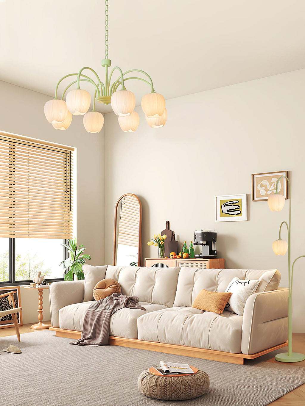 Tulip Chandelier, White Glass Tulip Shades, Matcha Green Frame, E26