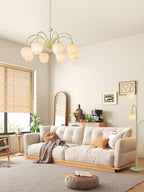Tulip Chandelier, White Glass Tulip Shades, Matcha Green Frame, E26