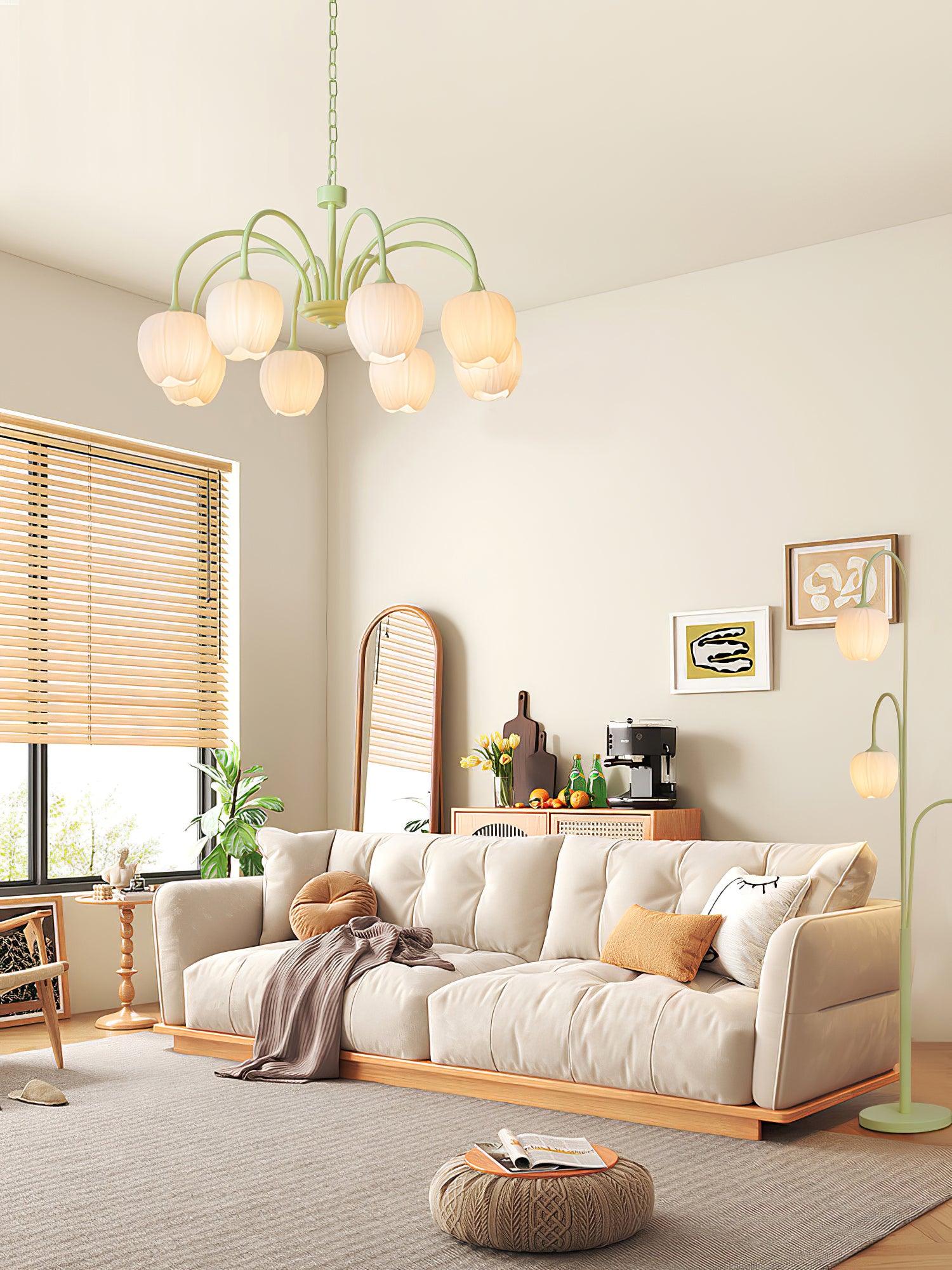 Tulip Chandelier, White Glass Tulip Shades, Matcha Green Frame, E26