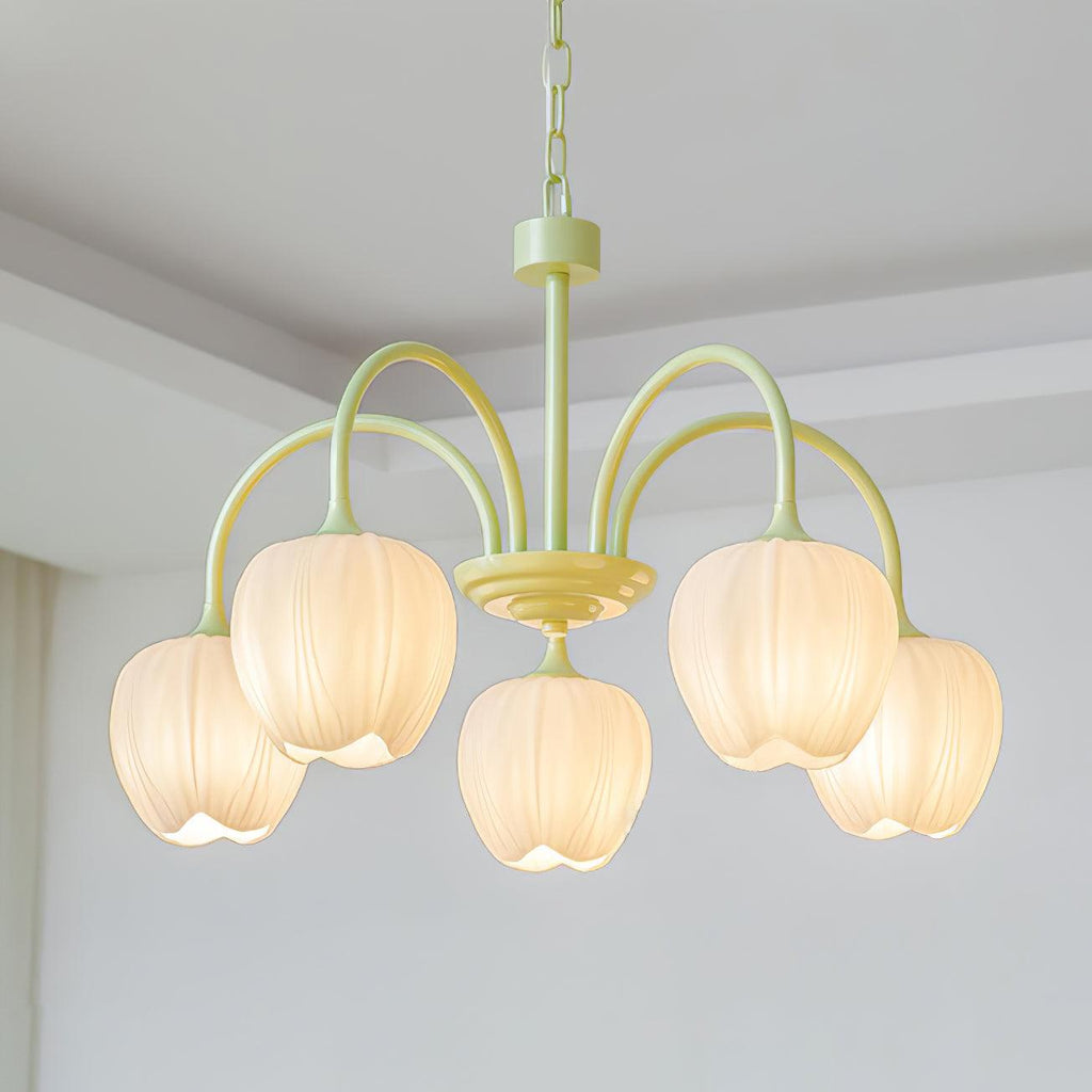 Tulip Chandelier, White Glass Tulip Shades, Matcha Green Frame, E26