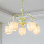 Tulip Chandelier, White Glass Tulip Shades, Matcha Green Frame, E26