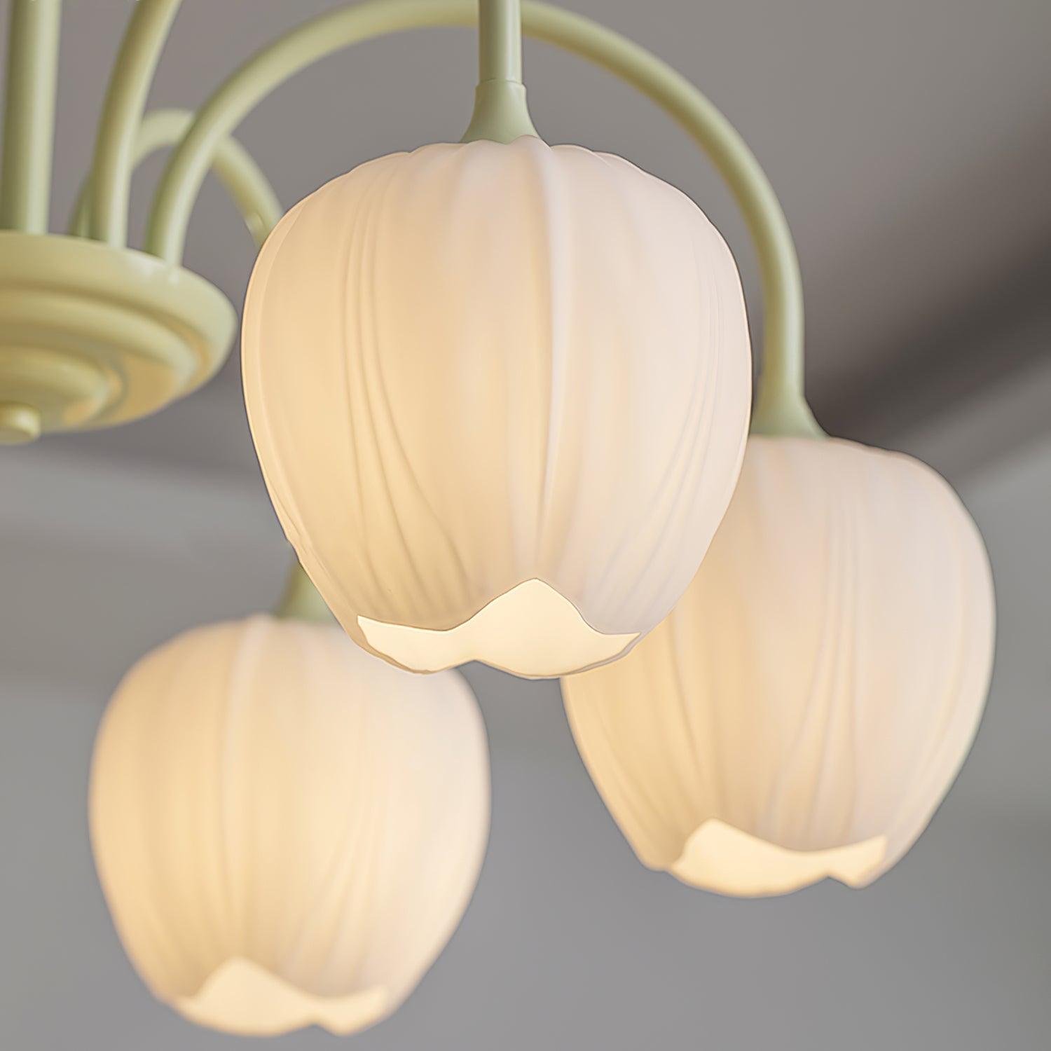 Tulip Chandelier, White Glass Tulip Shades, Matcha Green Frame, E26