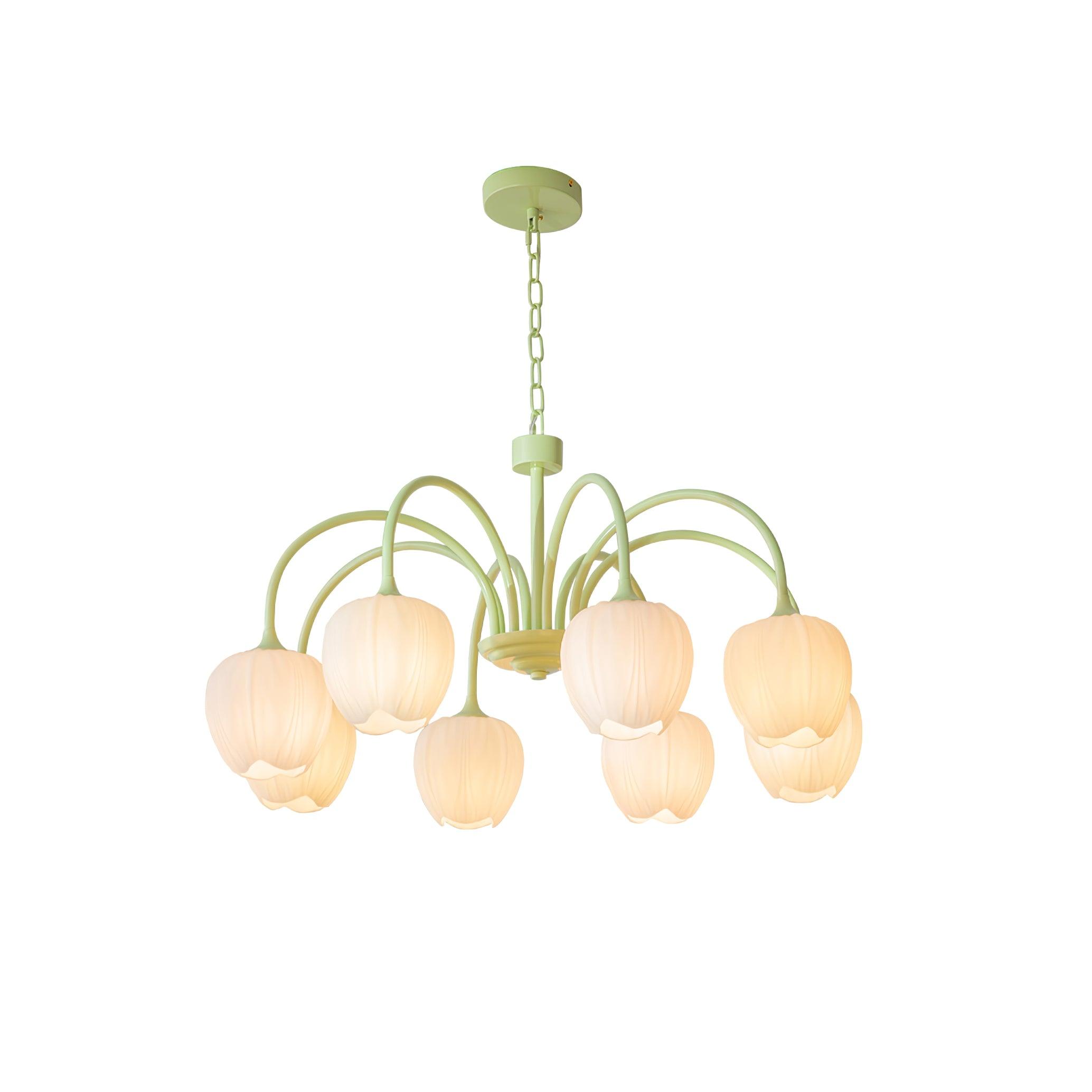 Tulip Chandelier, White Glass Tulip Shades, Matcha Green Frame, E26