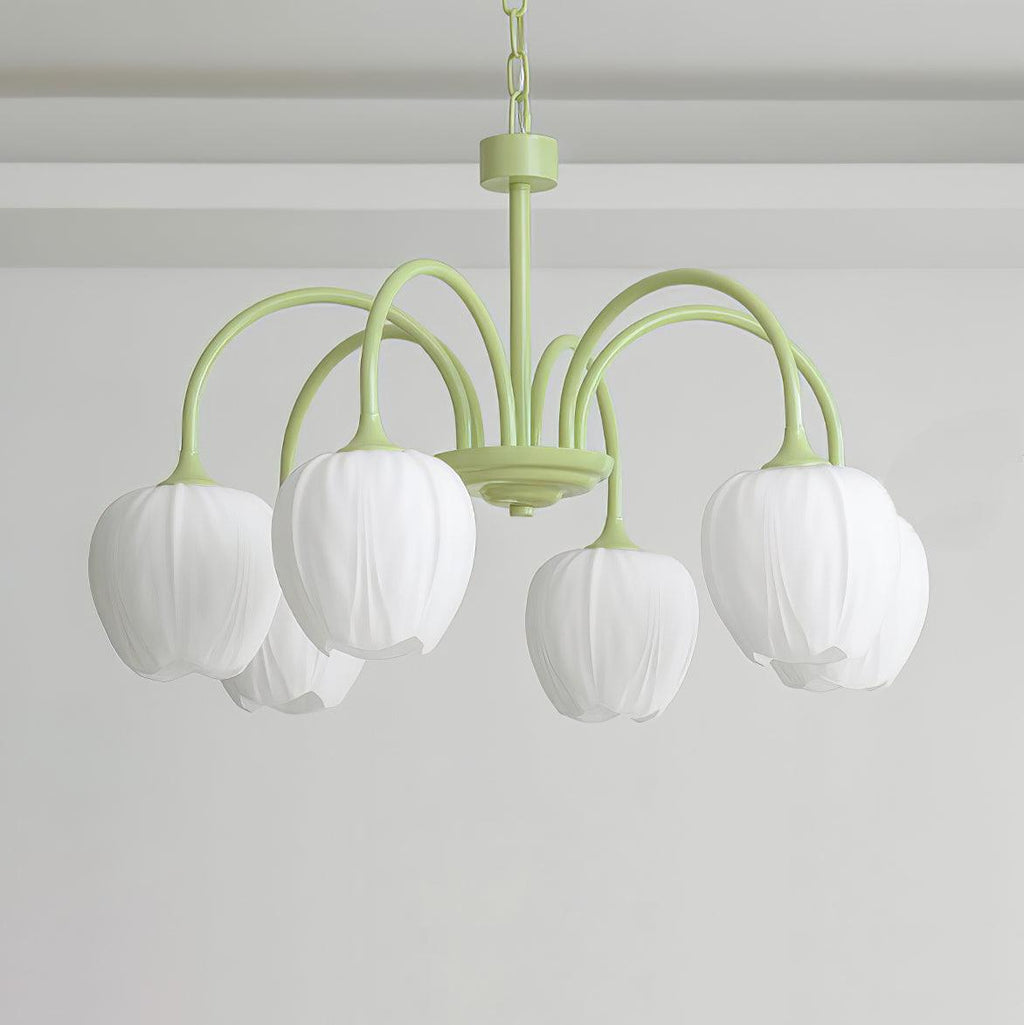 Tulip Chandelier, White Glass Tulip Shades, Matcha Green Frame, E26