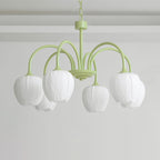 Tulip Chandelier, White Glass Tulip Shades, Matcha Green Frame, E26
