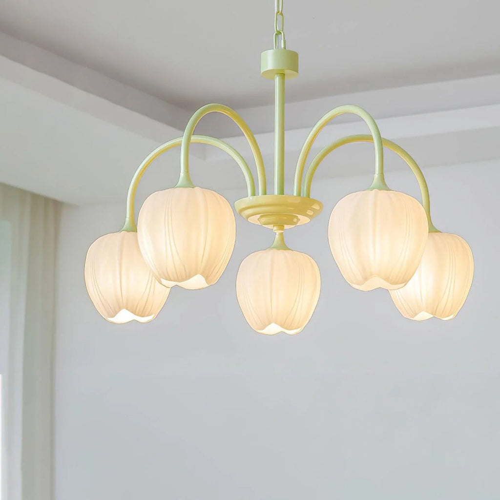 Tulip glass chandelier with white shades and matcha green frame