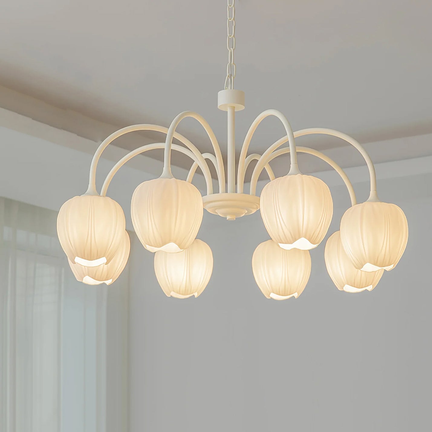 Matcha green tulip chandelier viewed from below