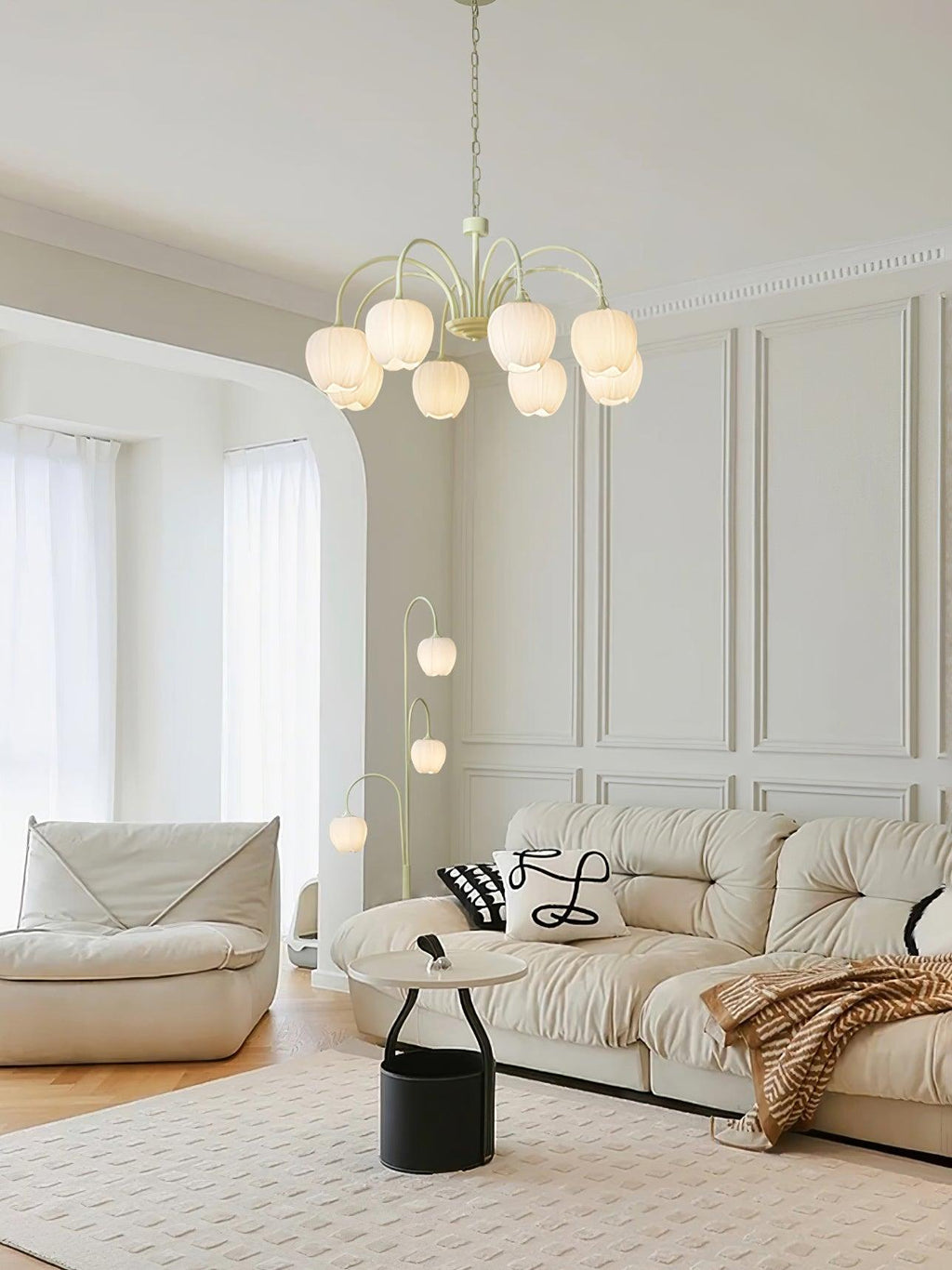 Tulip Chandelier, White Glass Tulip Shades, Matcha Green Frame, E26
