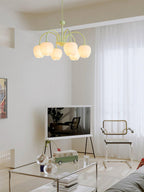 Tulip Chandelier, White Glass Tulip Shades, Matcha Green Frame, E26