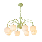 Tulip Chandelier, White Glass Tulip Shades, Matcha Green Frame, E26