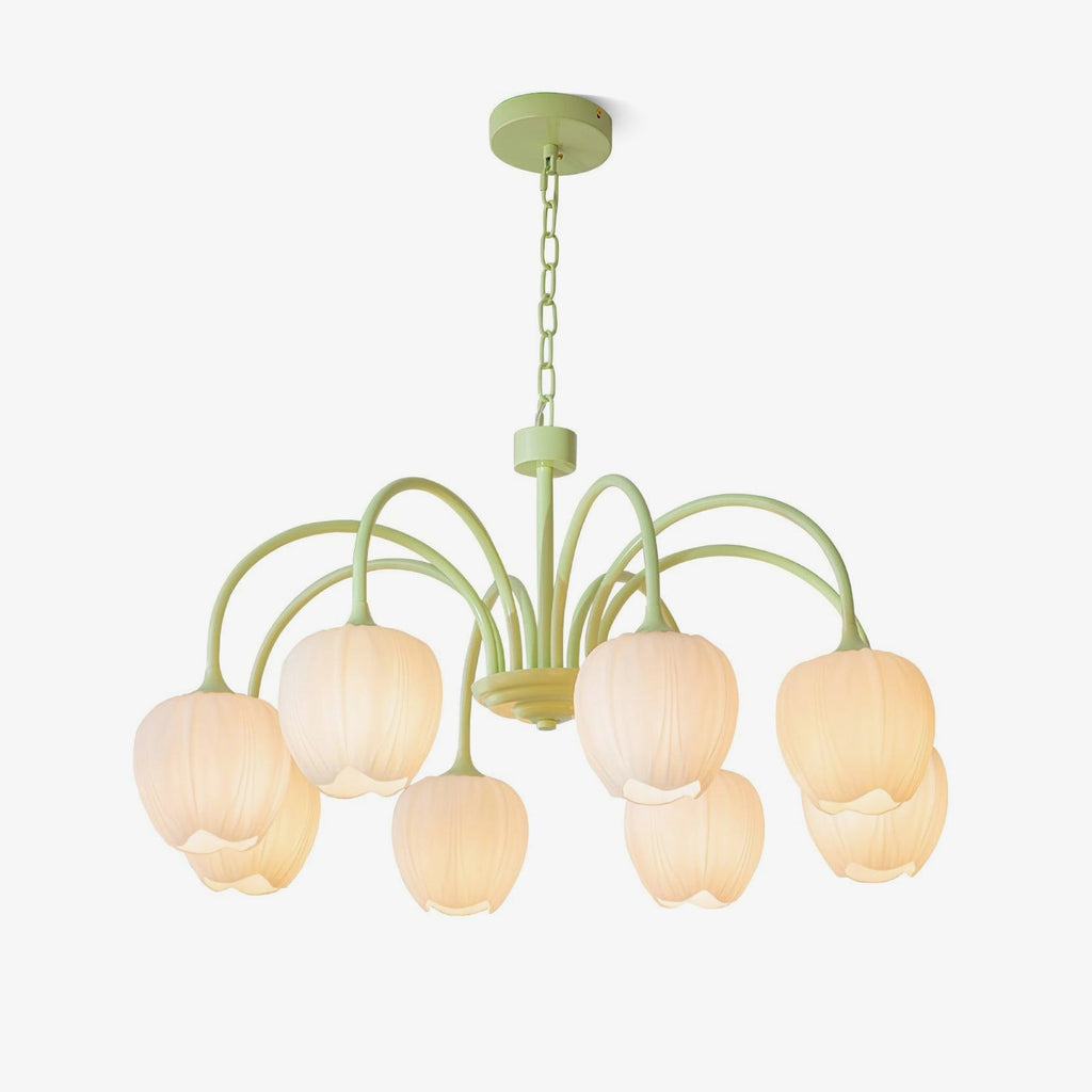 Tulip Chandelier, White Glass Tulip Shades, Matcha Green Frame, E26