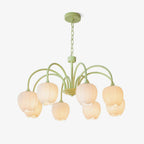 Tulip Chandelier, White Glass Tulip Shades, Matcha Green Frame, E26