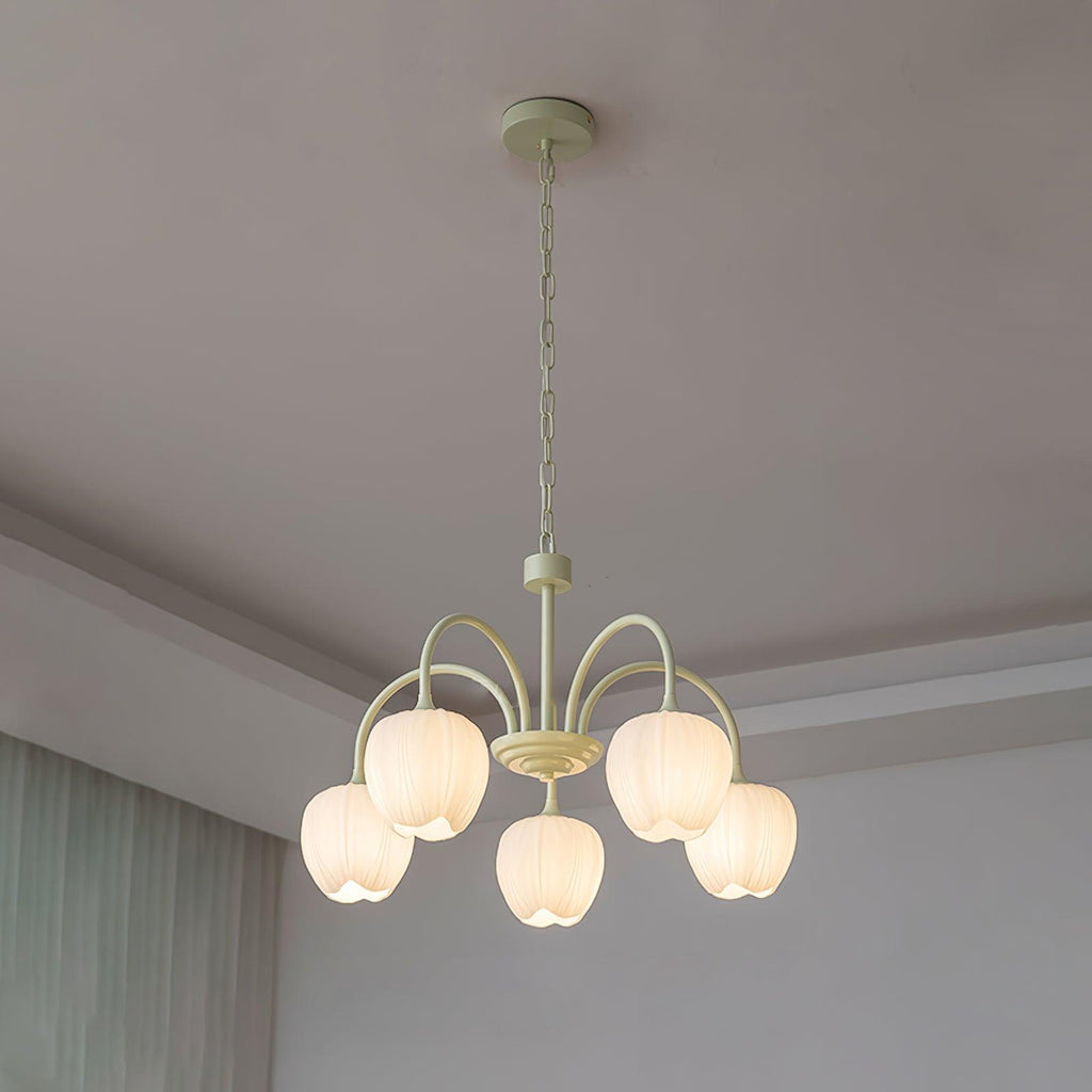 Tulip Chandelier, White Glass Tulip Shades, Matcha Green Frame, E26