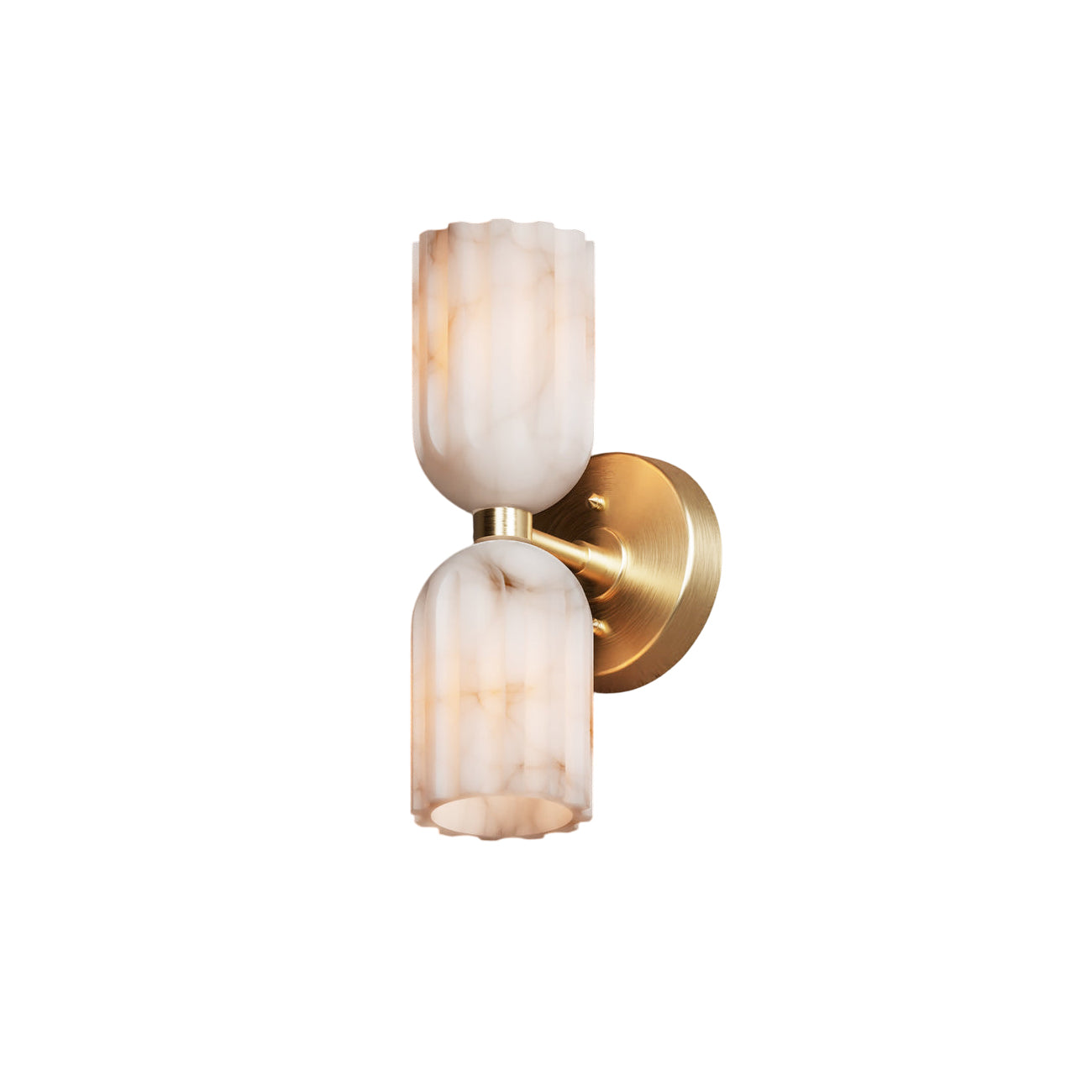 Brass double alabaster wall sconce on a plain white background, angled to show the round backplate