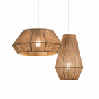 Close pairing of one bowl-cone and one teardrop Clérachic shade shows the hand-wound jute rope texture.