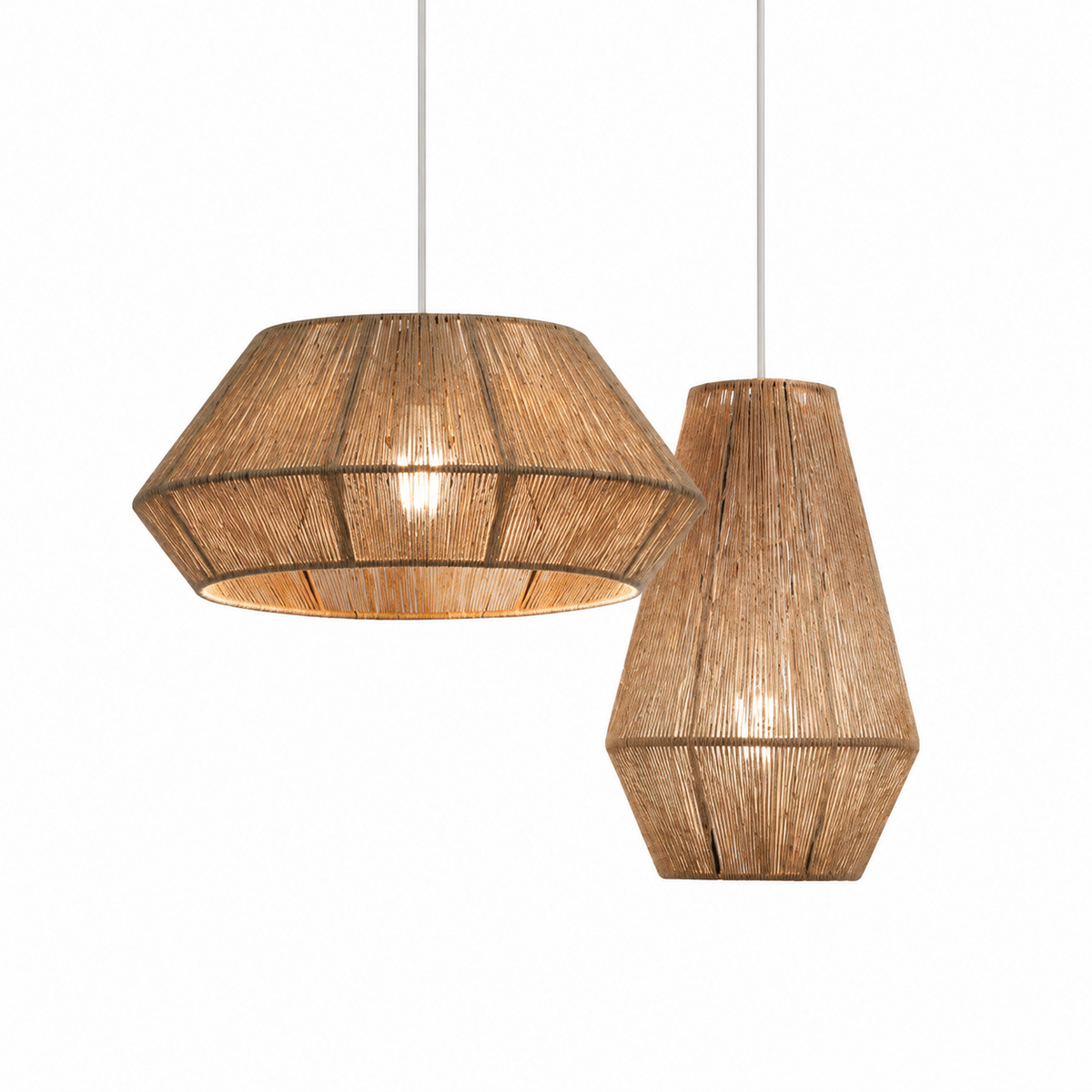 Close pairing of one bowl-cone and one teardrop Clérachic shade shows the hand-wound jute rope texture.