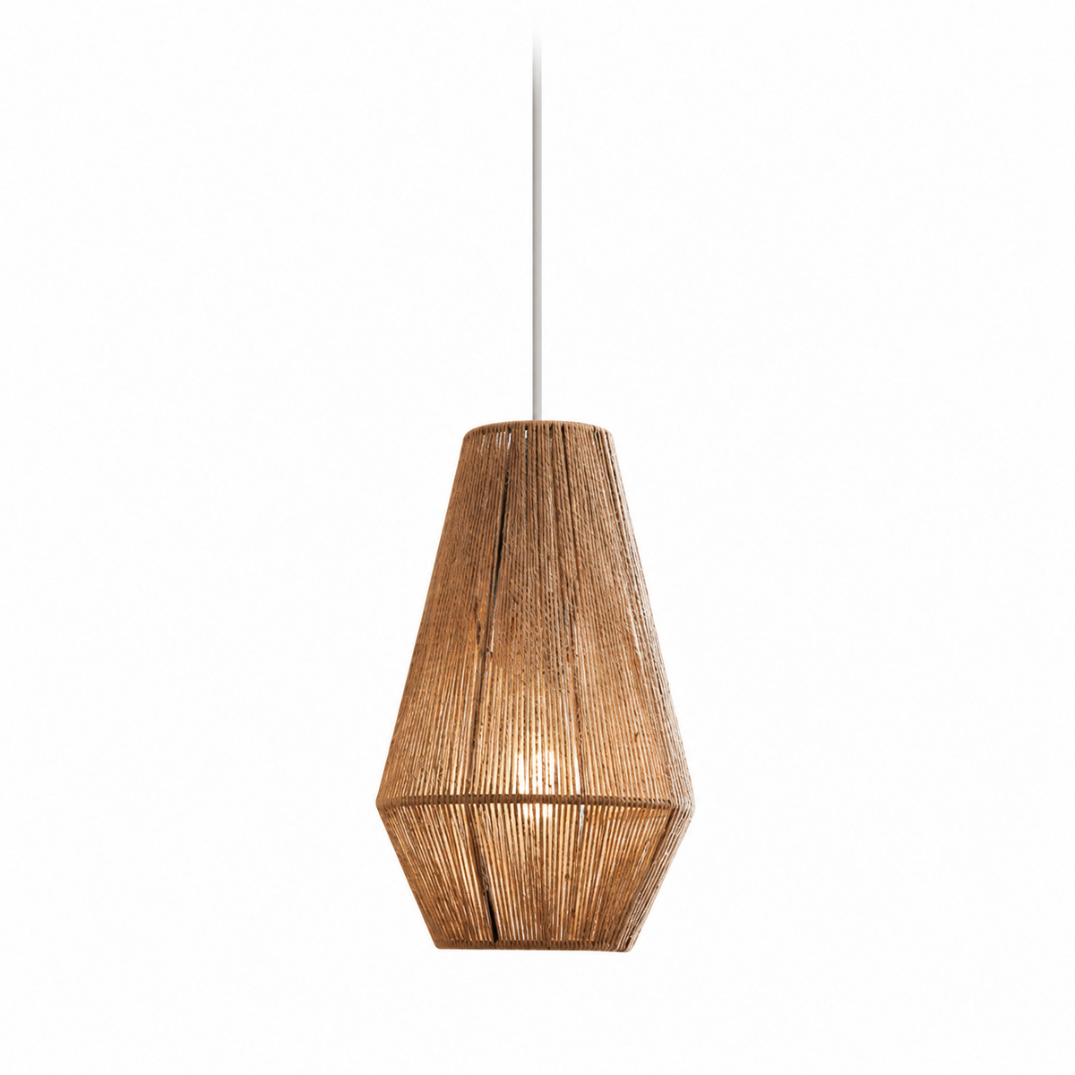 A single teardrop-shaped Clérachic pendant in wound jute rope glows on a plain white backdrop.