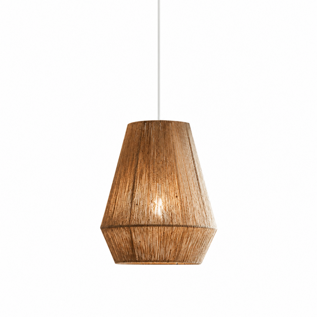 This tall vase-shaped Clérachic pendant shows its jute rope winding over a faceted frame, glowing on white.