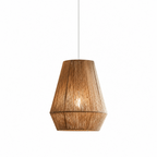 This tall vase-shaped Clérachic pendant shows its jute rope winding over a faceted frame, glowing on white.