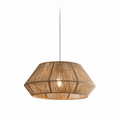 A wide bowl-cone Clérachic shade in natural jute rope glows above its exposed bulb on a plain backdrop.