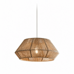 A wide bowl-cone Clérachic shade in natural jute rope glows above its exposed bulb on a plain backdrop.