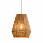 This angular teardrop Clérachic pendant in jute rope tapers to a narrow point, glowing against white.