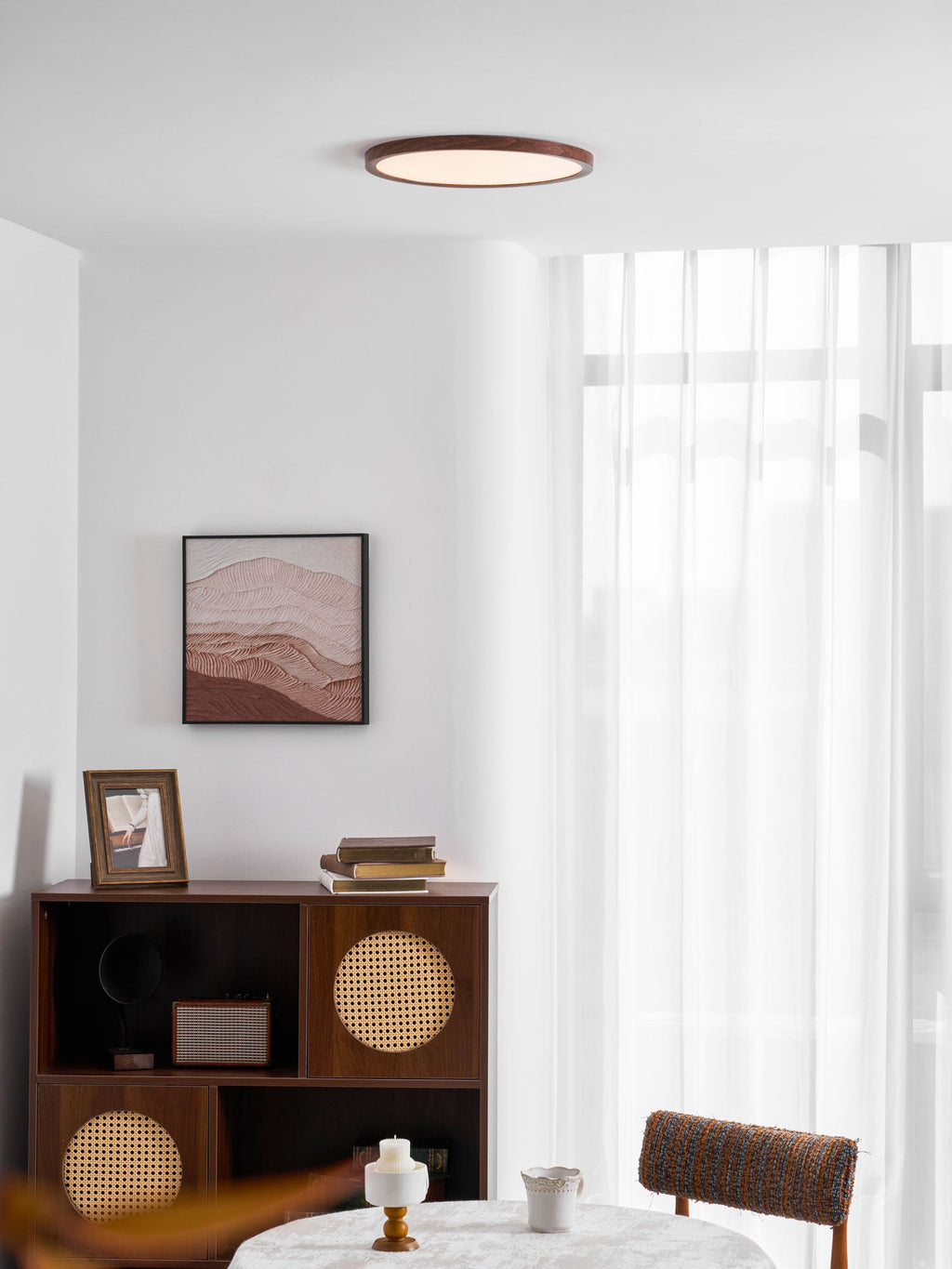 Slim ceiling light in walnut wood grain against a neutral ceiling