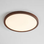 Round ceiling light with wood-grain edge lighting a hallway