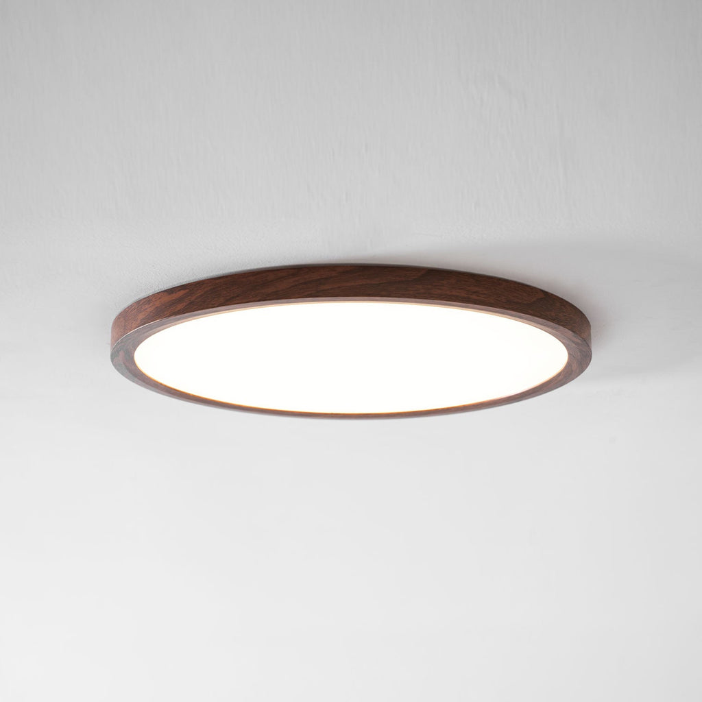 Walnut wood-grain ceiling light with soft diffused warm glow