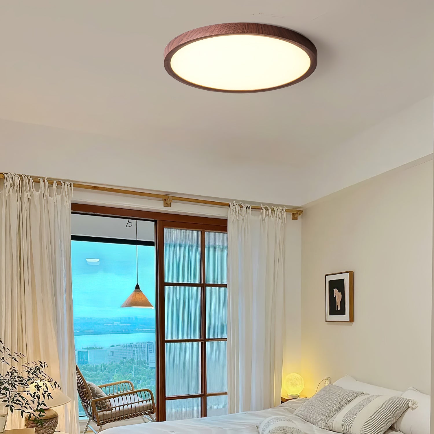 Slim walnut wood-grain ceiling light viewed from below