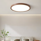 Walnut wood-grain ceiling light glowing softly against a white ceiling