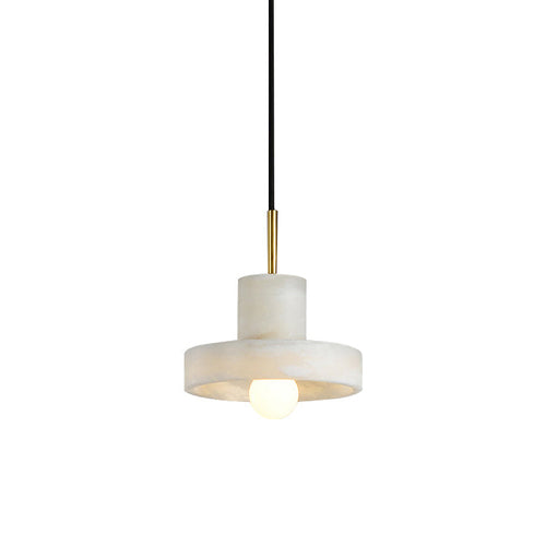 Alabaster pendant light with hat-shaped shade, lit globe bulb below the brim, on white.
