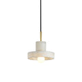 Full drop of the Ritta hat-shaped alabaster pendant from black cord and slim brass stem.