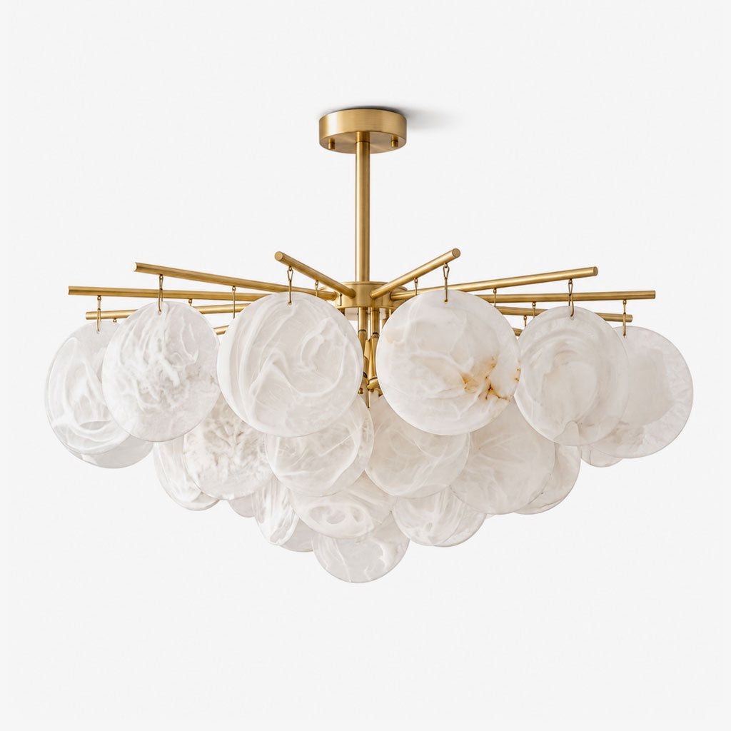 This brass Clérachic chandelier hangs unlit on a plain white background, its radiating spoke arms fanning outward.