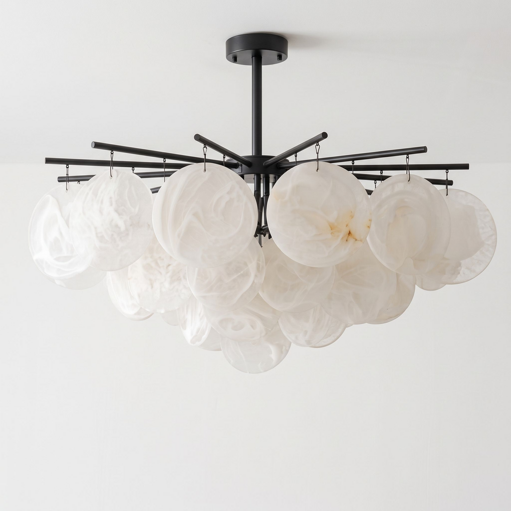 Unlit on a plain white background, this matte black Clérachic chandelier's spoke frame radiates outward beneath clustered discs.